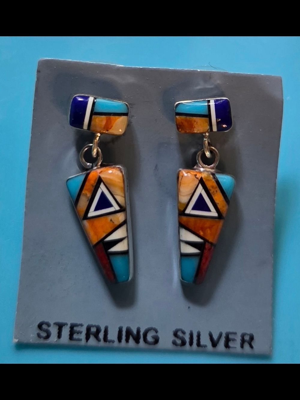 Signed DD Sterling Turquoise Spiny Oyster Lapis Multi Stone Inlay Drop Earrings